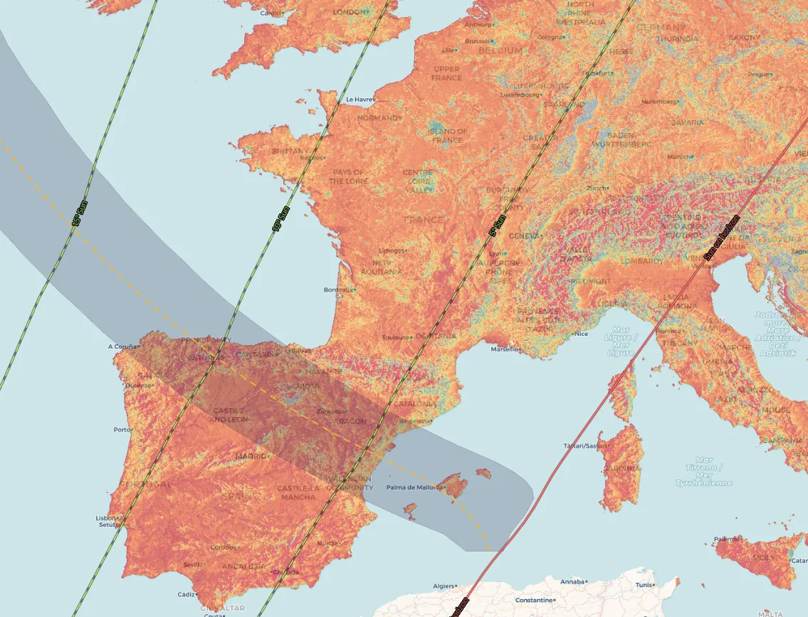 Mapa del eclipse solar del 12 de agosto de 2026 sobre Europa: franja de totalidad, líneas de altura del Sol y mapa de horizonte despejado
