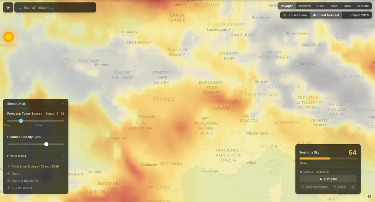 Sunset Atlas cloud forecast overlay across Western Europe