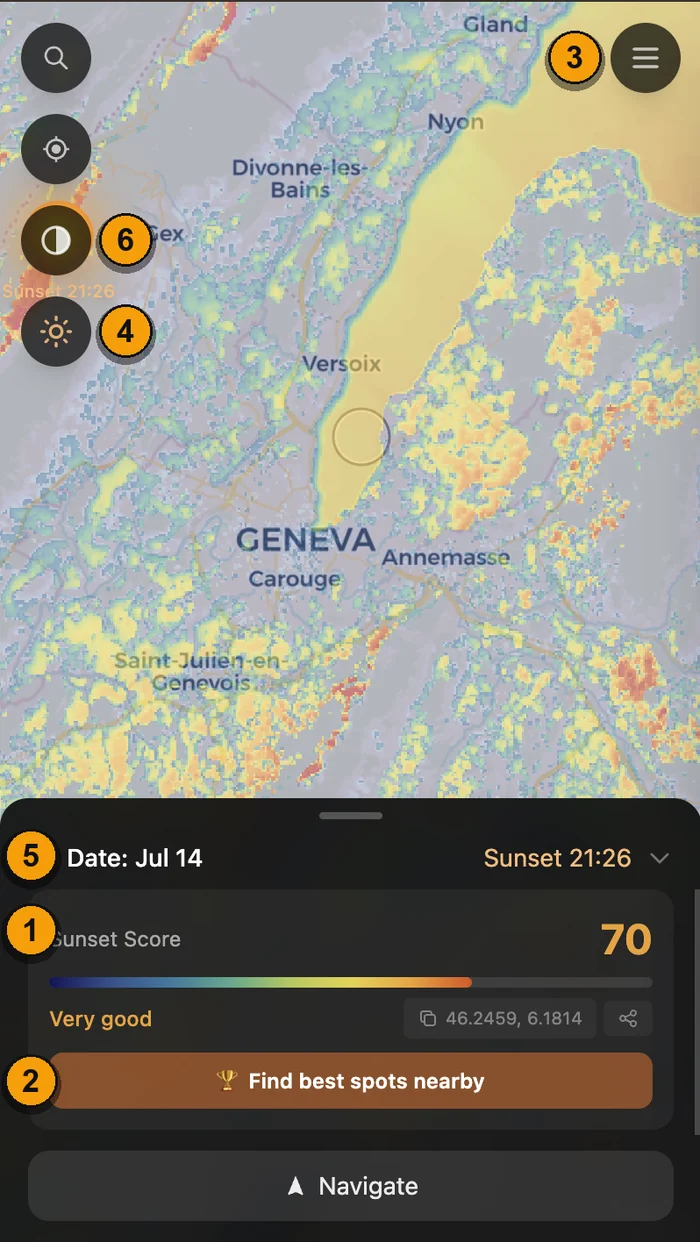 Sunset Atlas mobile screenshot with numbered controls